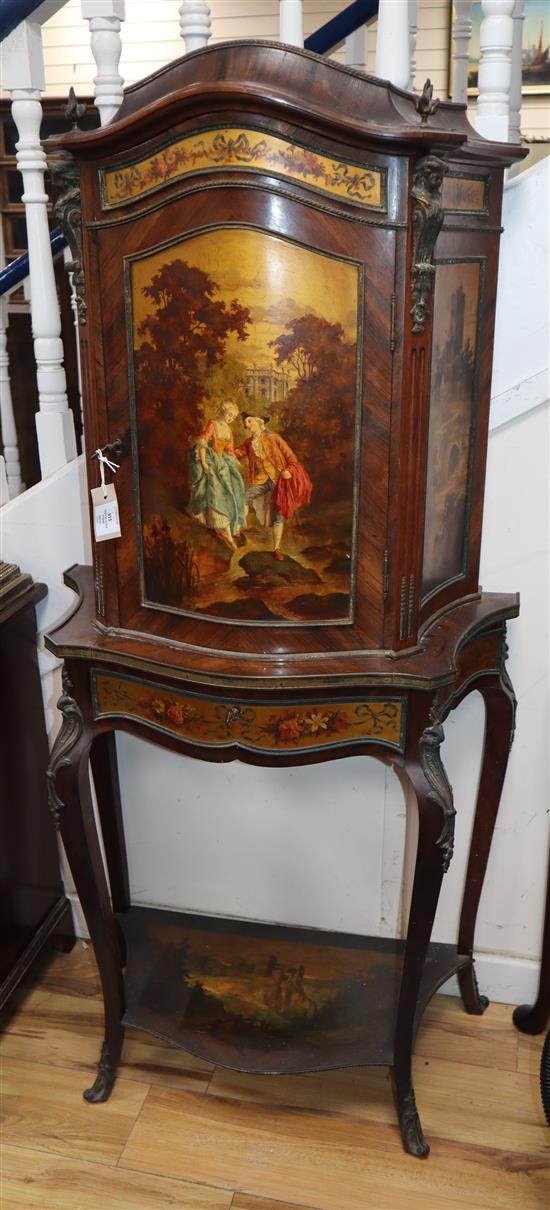 A Louis XV style vitrine, serpentine shape with Vernis Martin panels W.74cm